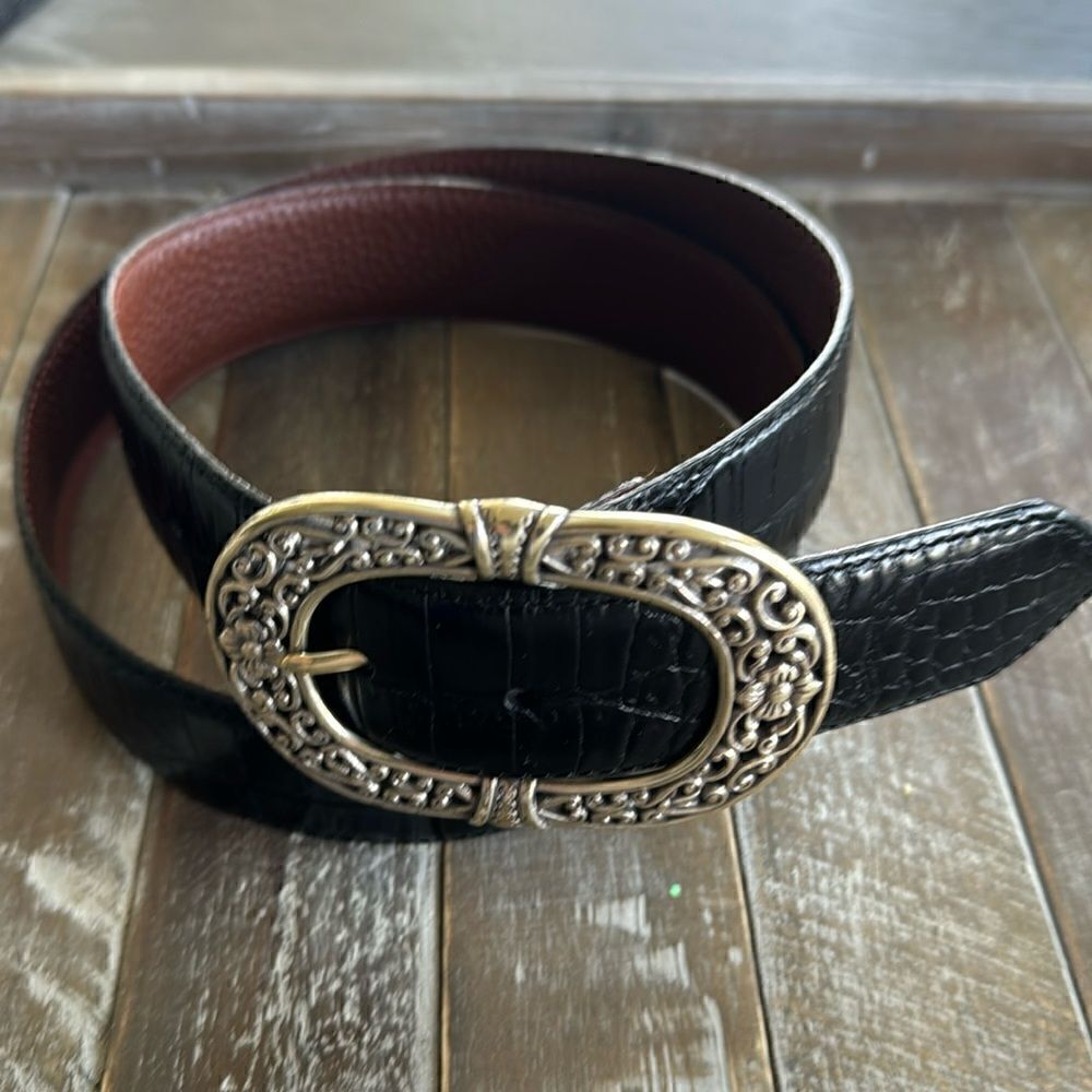 Croc Embossed Black Leather Belt Oval Ornate Silver Tone Buckle Women’s Size XL